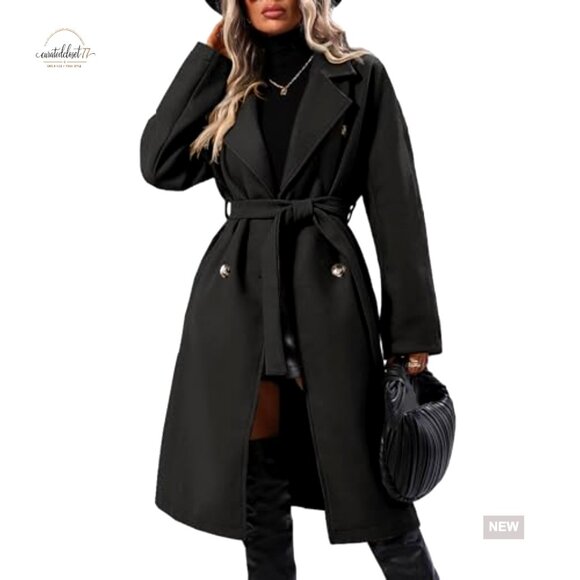 Elegant Wool Pea Coat Double Breasted Belted Classic Winter Overcoat Long Sleeve - Picture 4 of 7